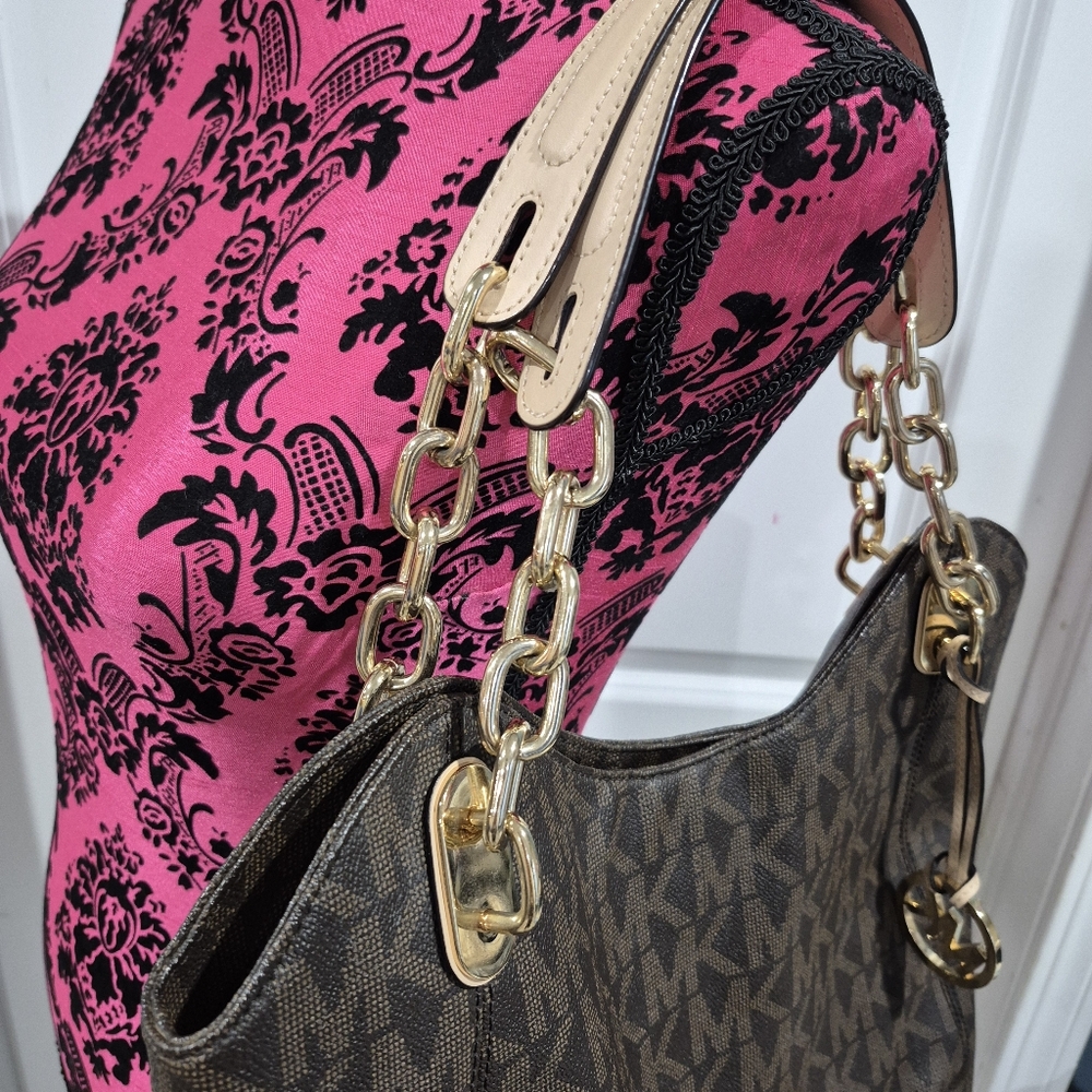 Michael Kors Lilly Tote Bag Purse Brown Signature Chain Strap - Picture 3 of 10